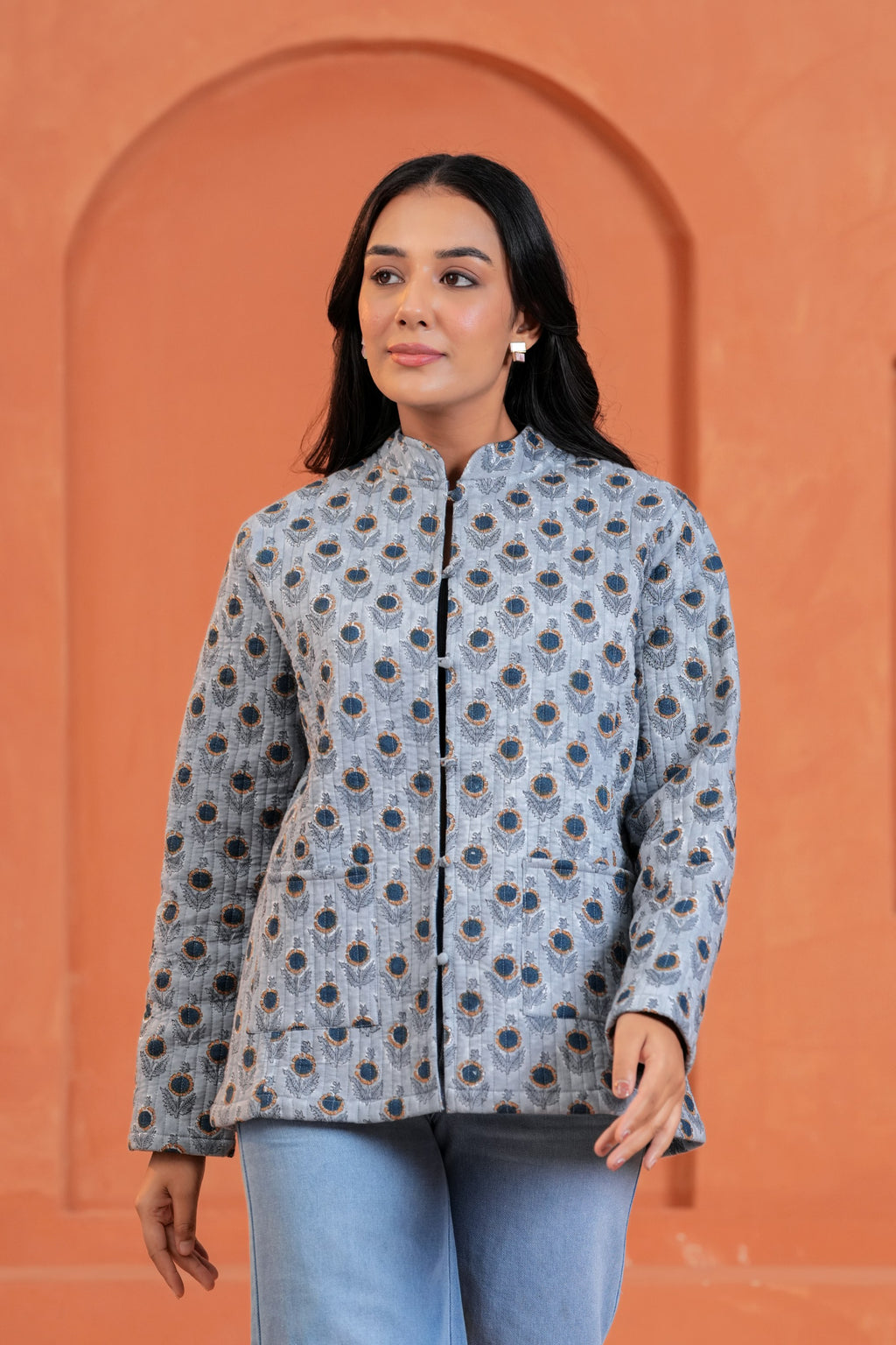 Blue Floral Reversible Hand Block Print Cotton Jacket