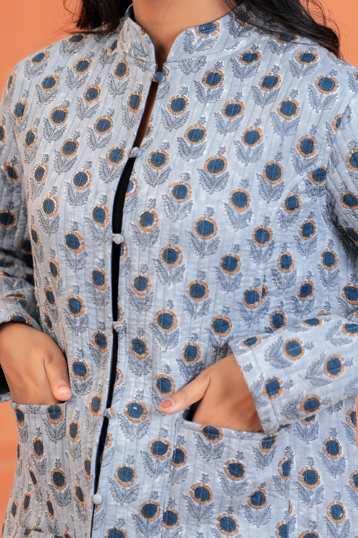 Blue Floral Reversible Hand Block Print Cotton Jacket