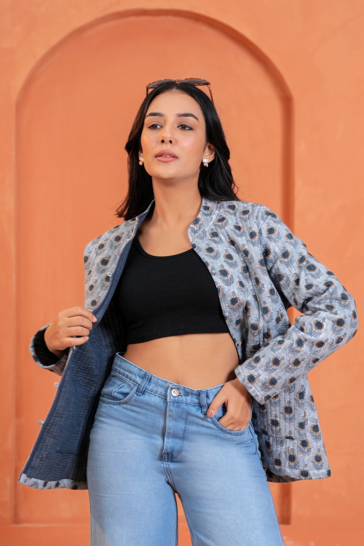 Blue Floral Reversible Hand Block Print Cotton Jacket