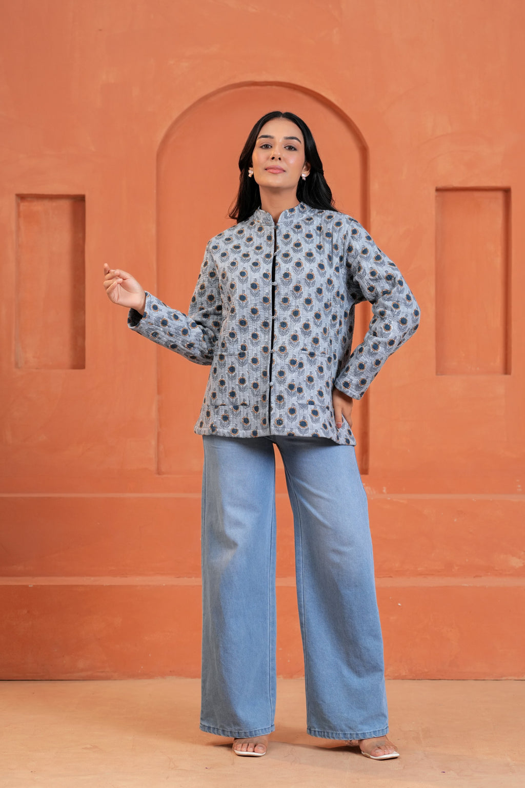 Blue Floral Reversible Hand Block Print Cotton Jacket