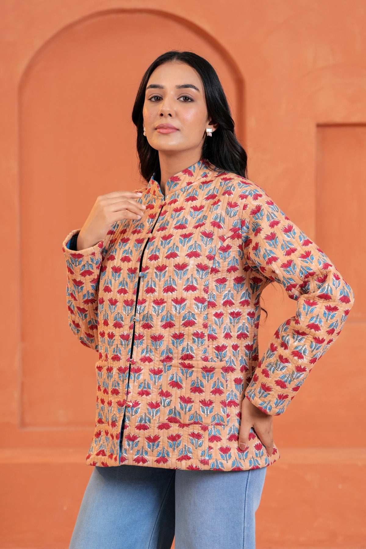 Peach Floral Hand Block Print Cotton Jacket