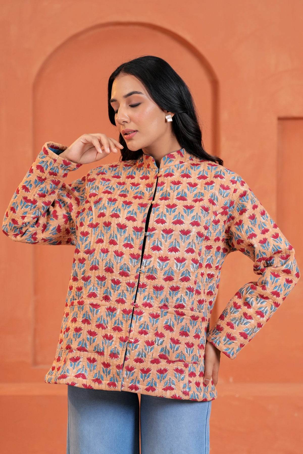 Peach Floral Hand Block Print Cotton Jacket
