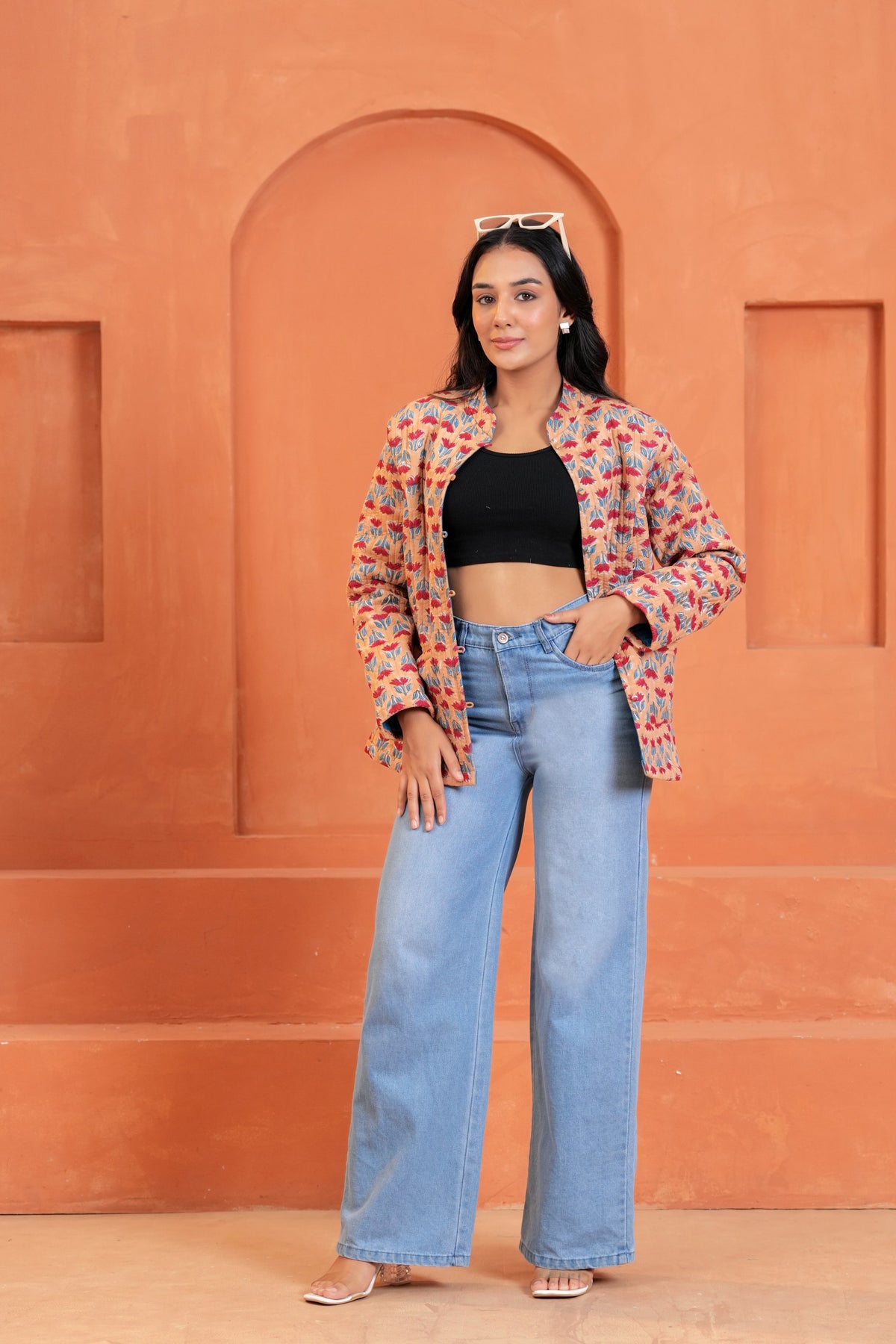 Peach Floral Hand Block Print Cotton Jacket