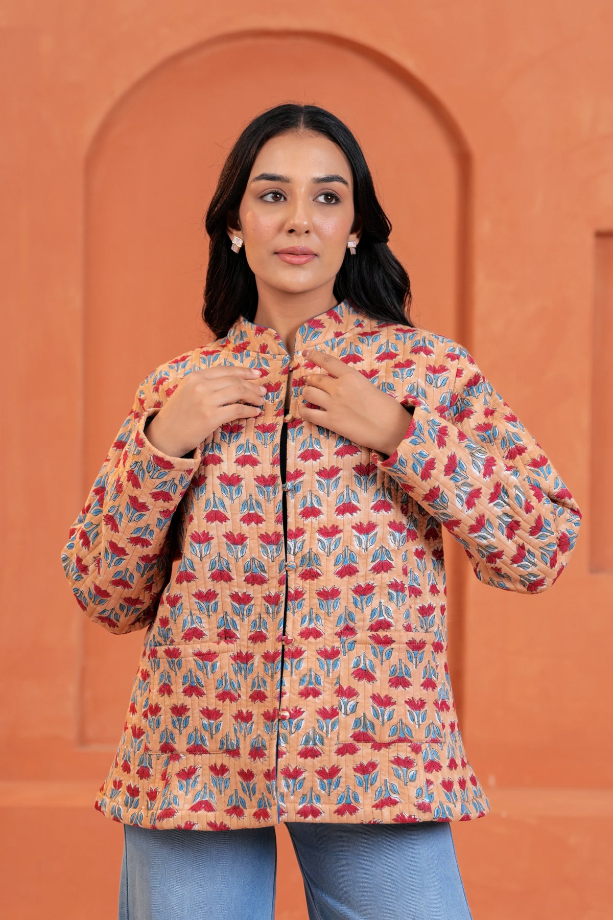 Peach Floral Hand Block Print Cotton Jacket