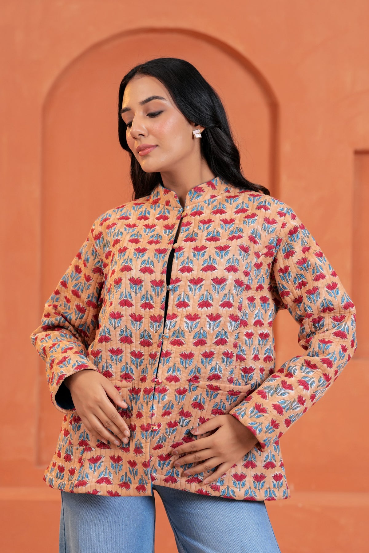 Peach Floral Hand Block Print Cotton Jacket