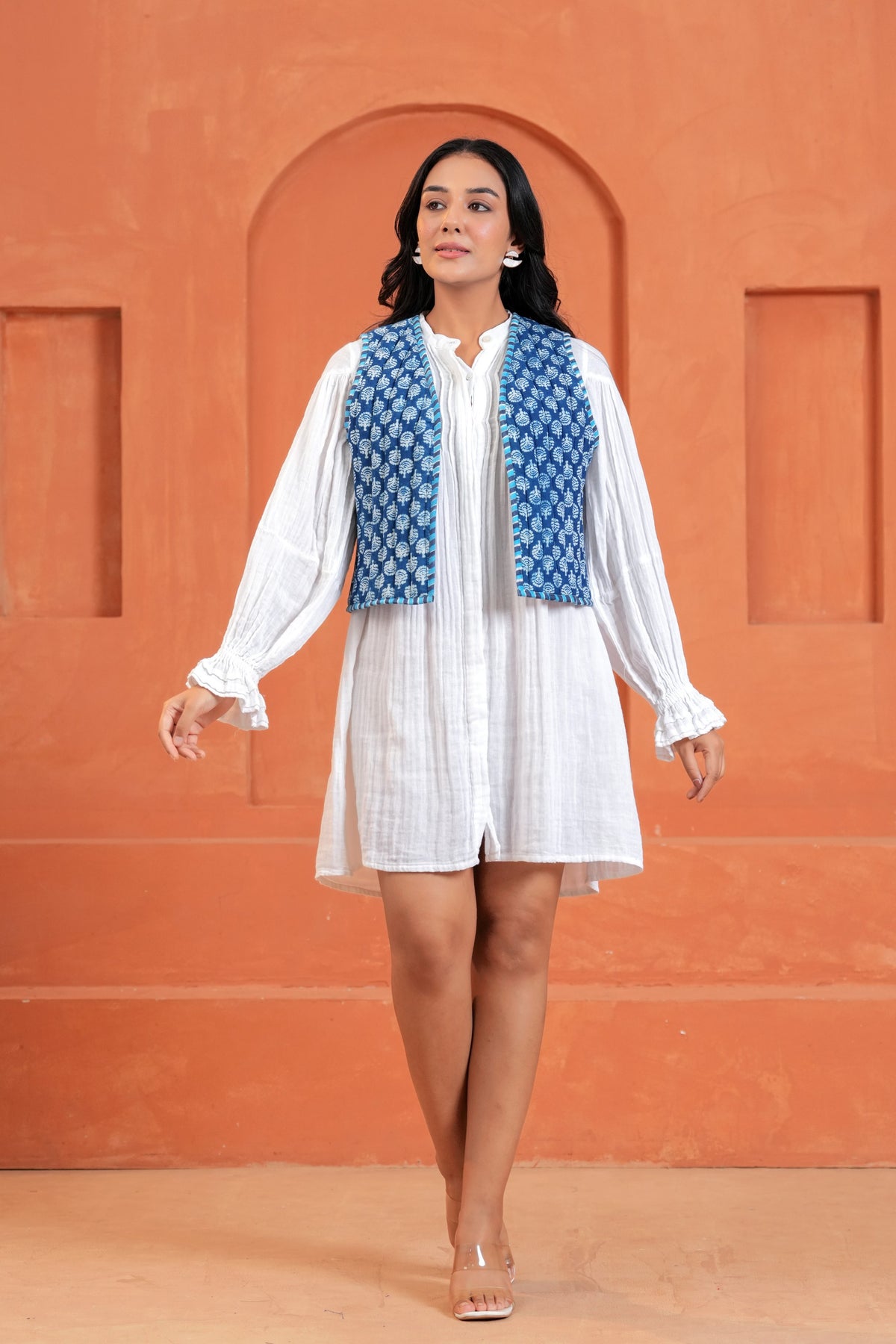 Blue Floral Hand Block Print Cotton Waistcoat