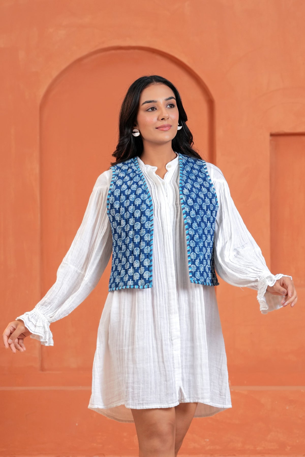 Blue Floral Hand Block Print Cotton Waistcoat