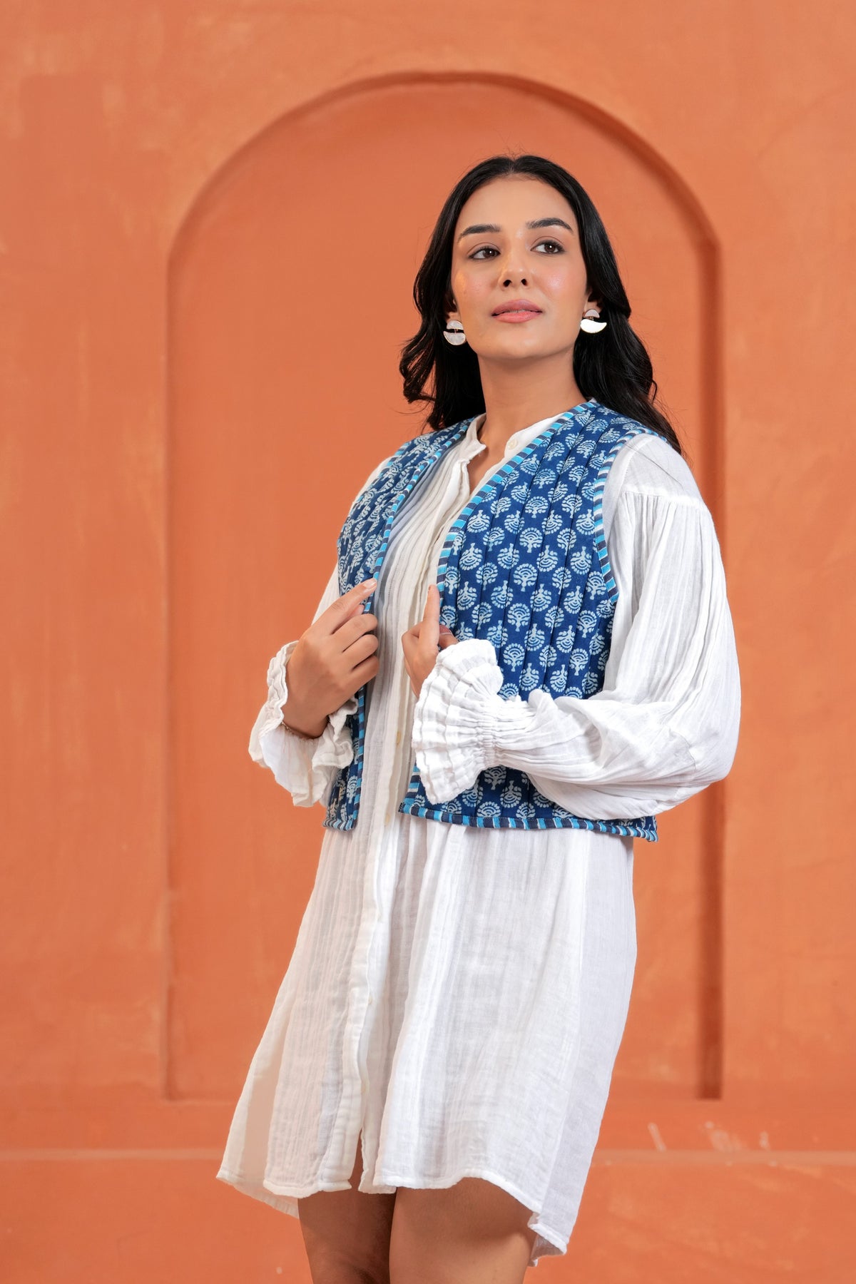 Blue Floral Hand Block Print Cotton Waistcoat
