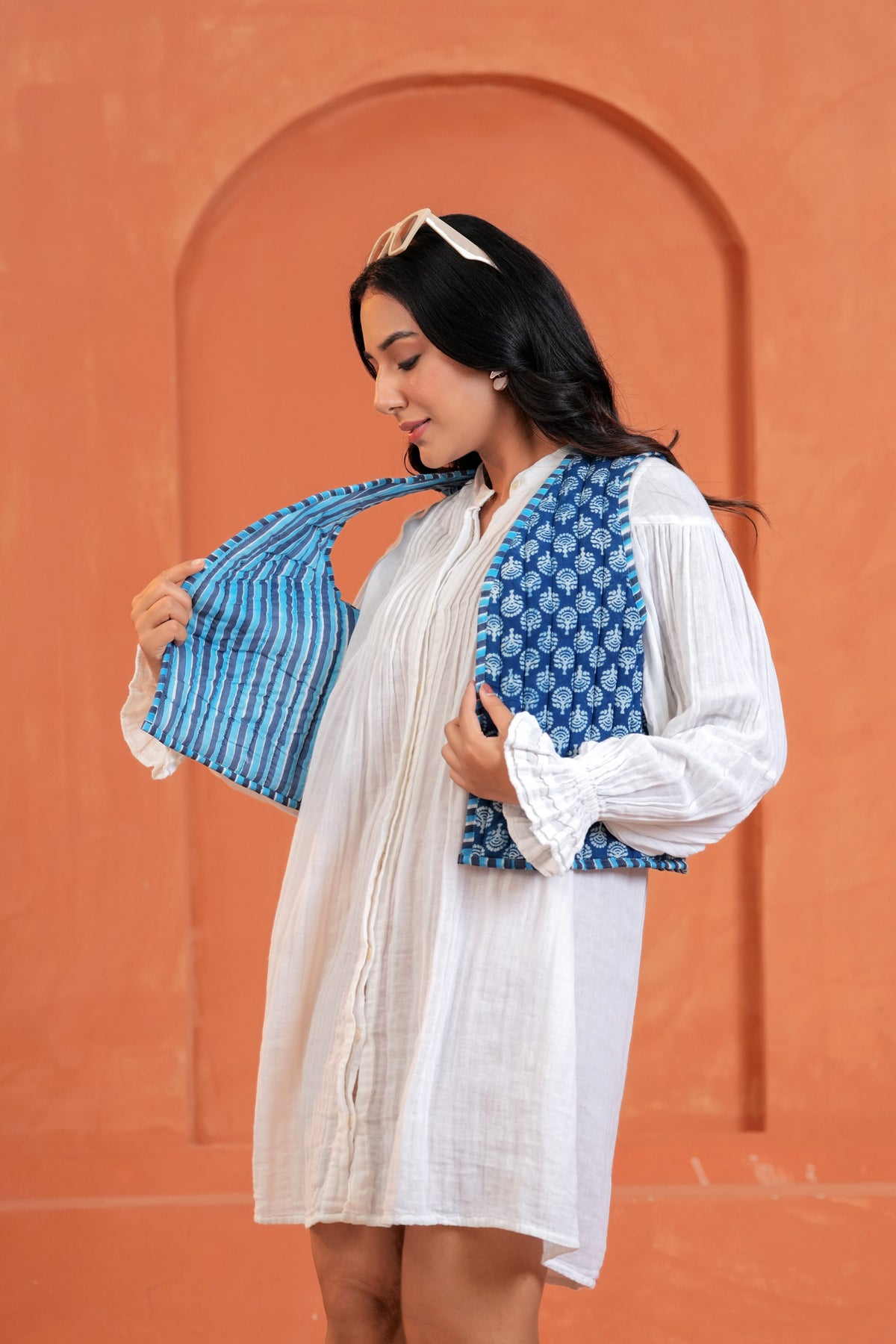 Blue Floral Hand Block Print Cotton Waistcoat