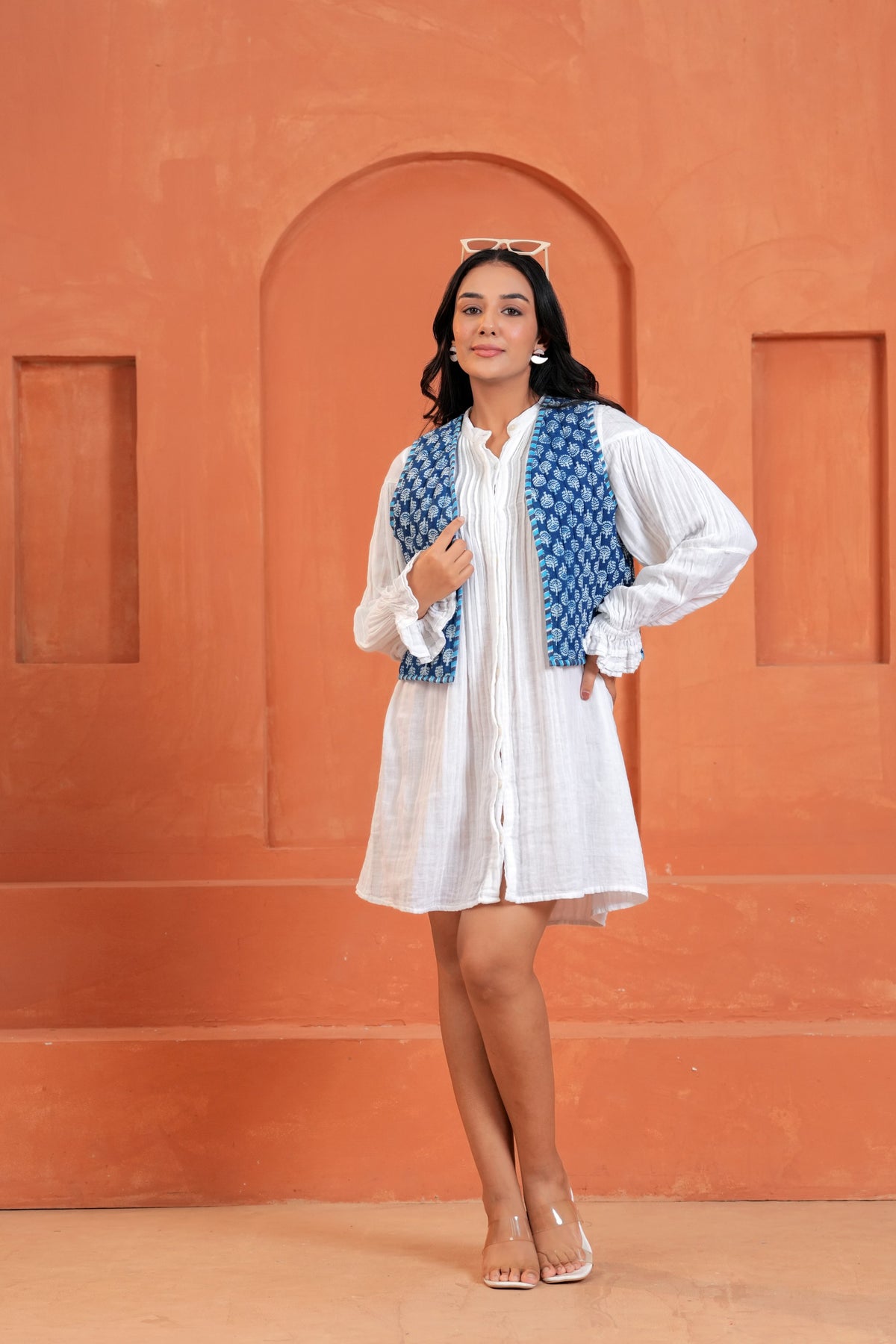Blue Floral Hand Block Print Cotton Waistcoat