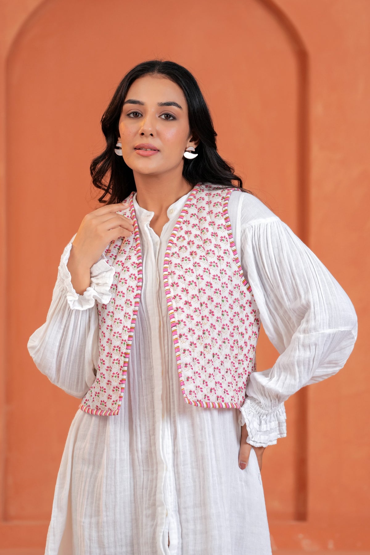 Pink Floral Hand Block Print Cotton Waistcoat