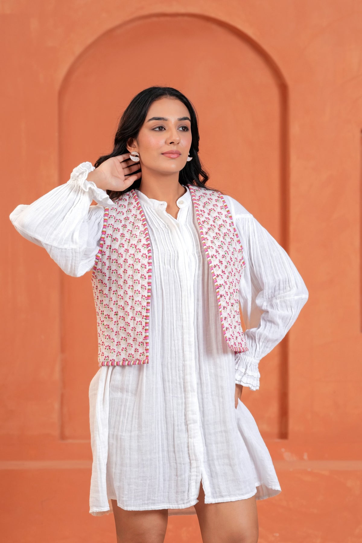 Pink Floral Hand Block Print Cotton Waistcoat