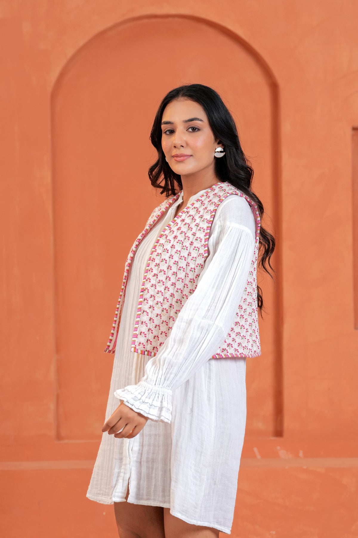 Pink Floral Hand Block Print Cotton Waistcoat