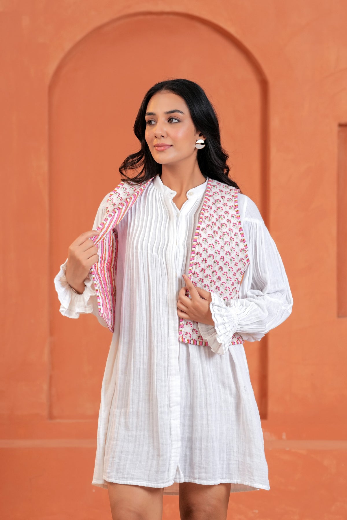 Pink Floral Hand Block Print Cotton Waistcoat