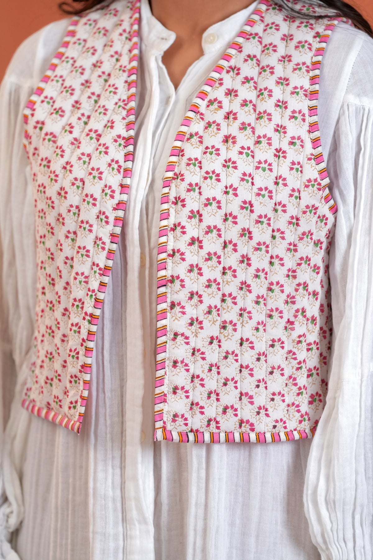 Pink Floral Hand Block Print Cotton Waistcoat