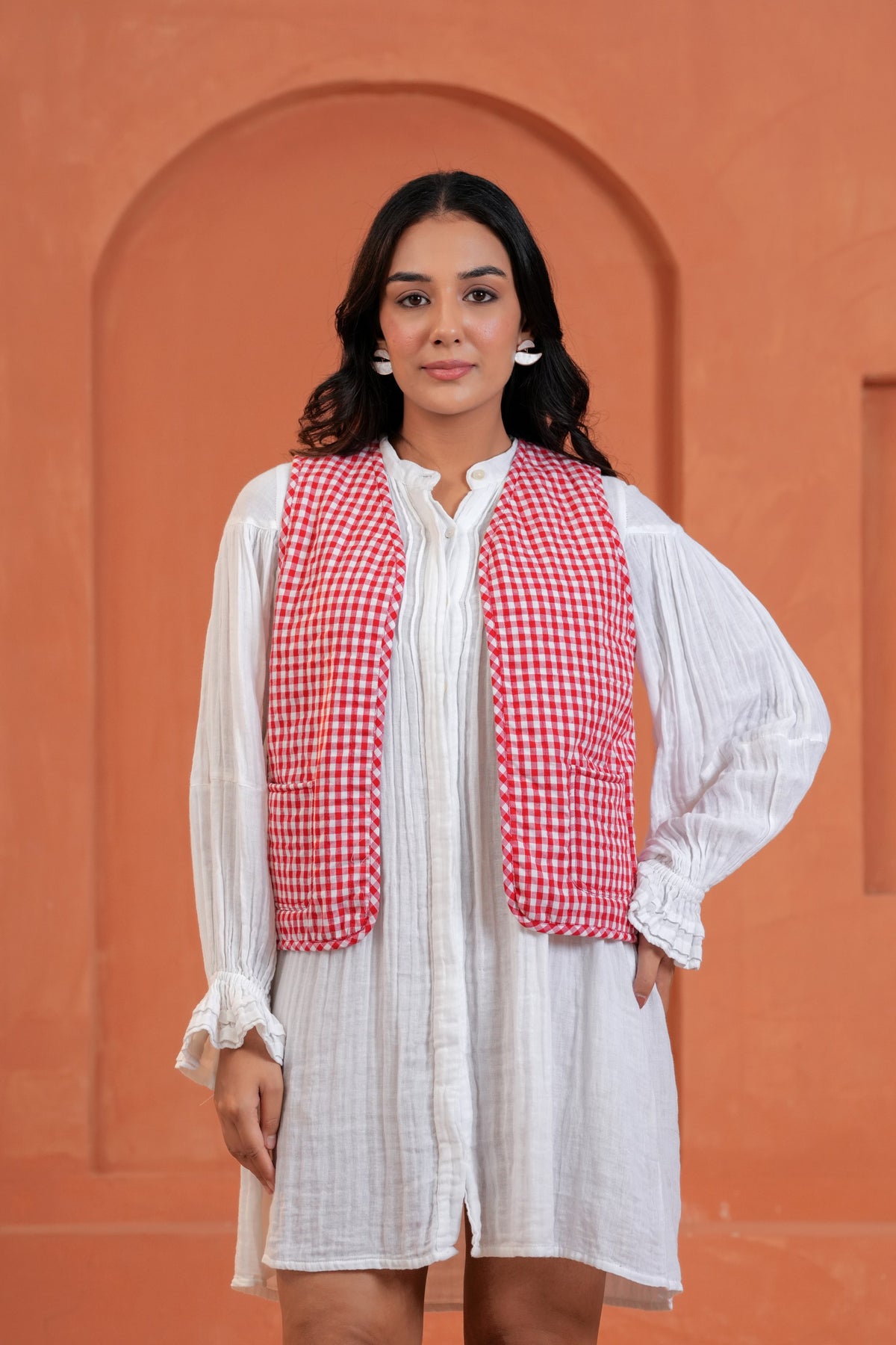 Red Gingham Cotton Waistcoat with Front Pockets