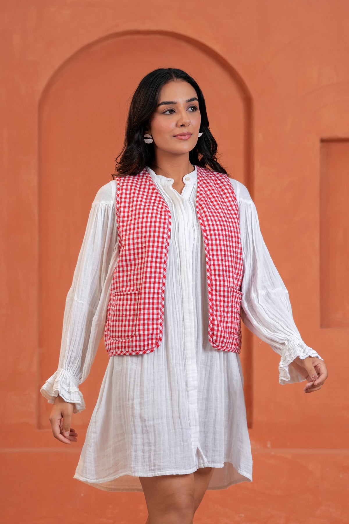 Red Gingham Cotton Waistcoat with Front Pockets