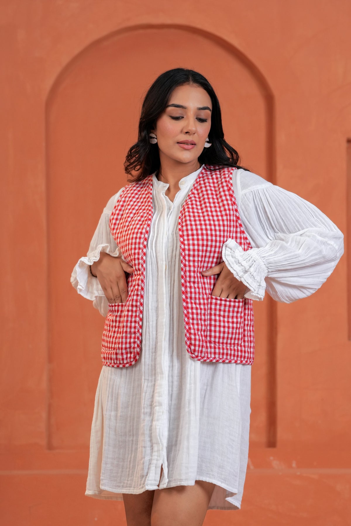 Red Gingham Cotton Waistcoat with Front Pockets