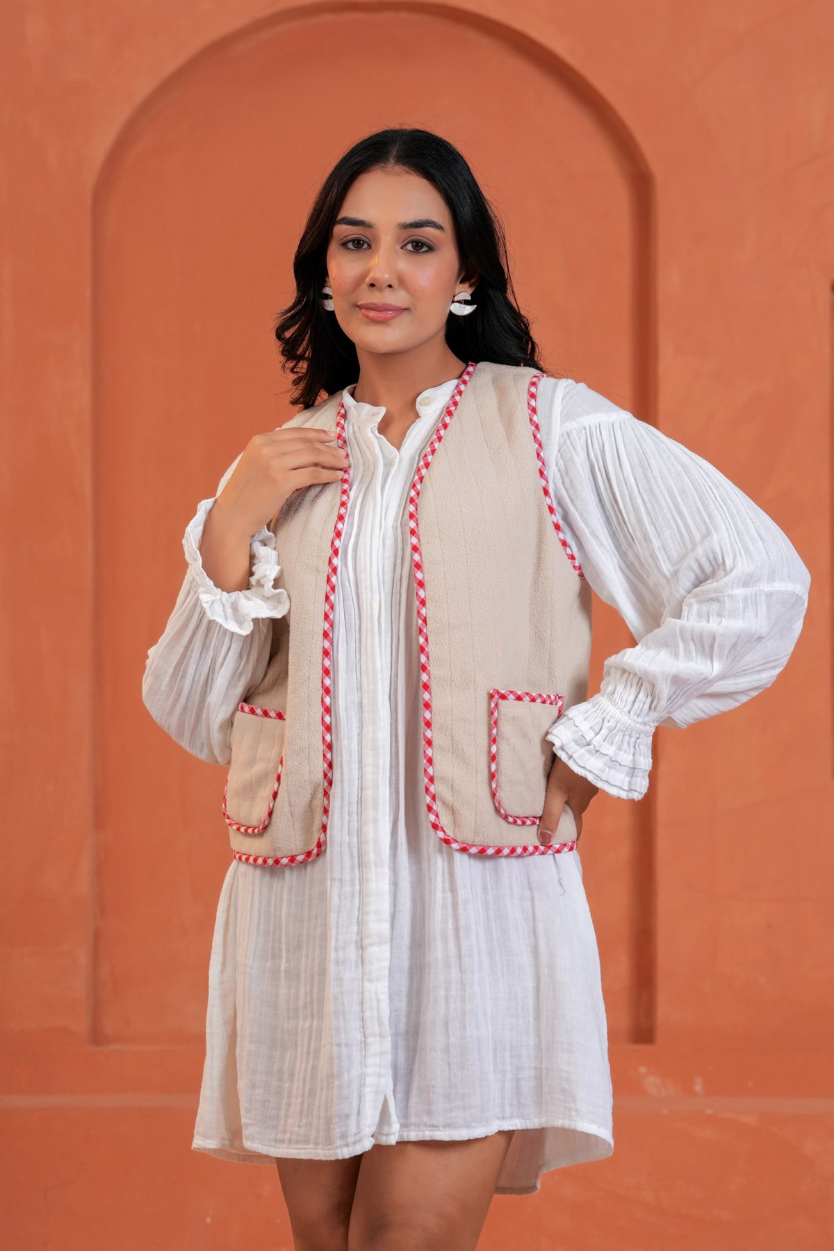 Red Gingham Cotton Waistcoat with Front Pockets