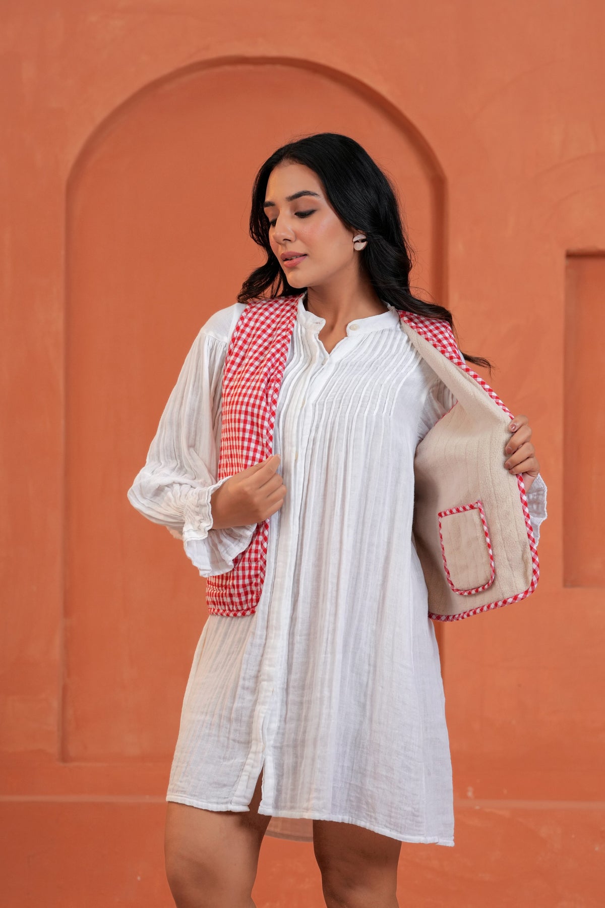 Red Gingham Cotton Waistcoat with Front Pockets