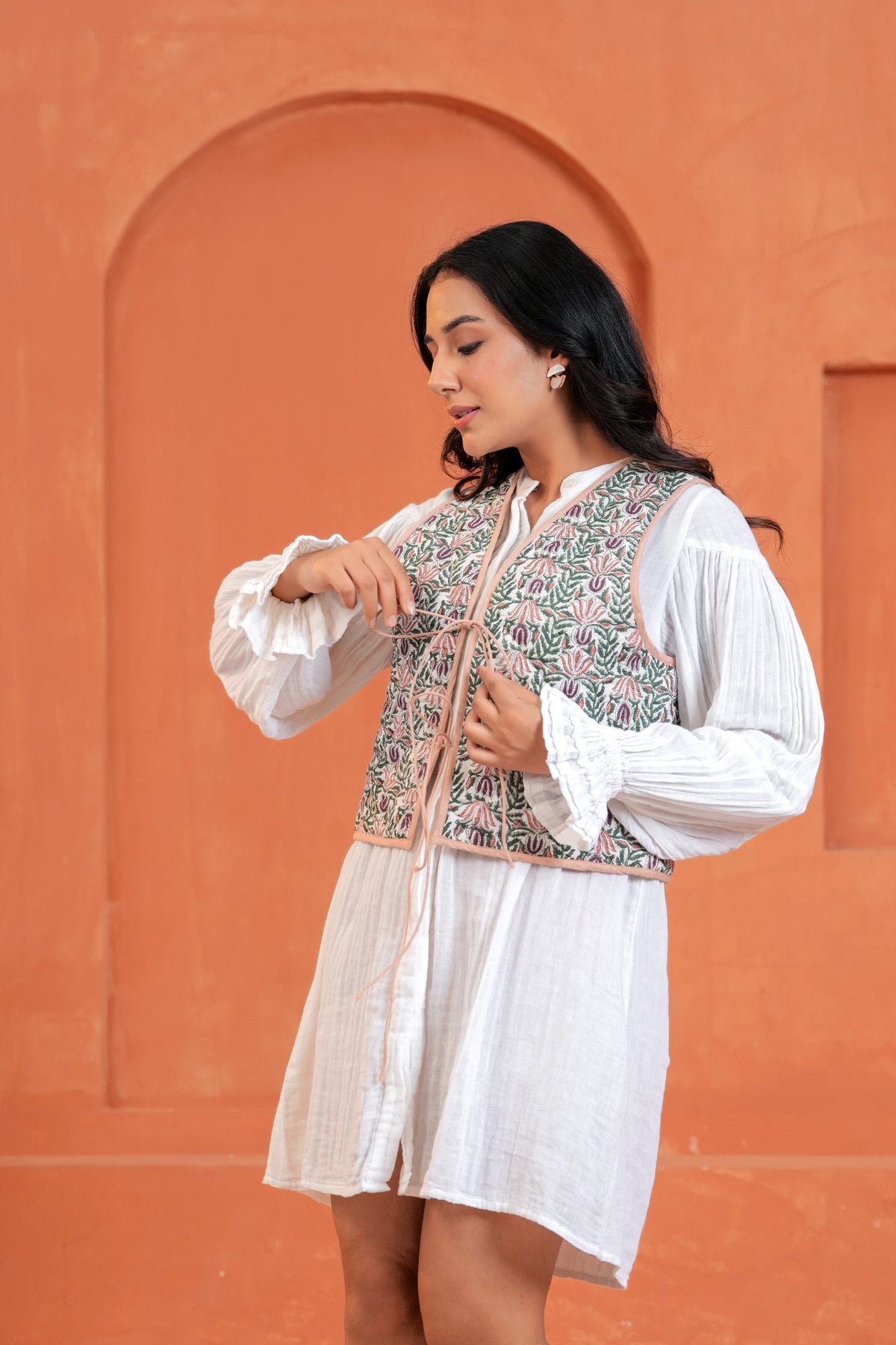 Green Floral Hand Block Print Tie-Front Cotton Waistcoat