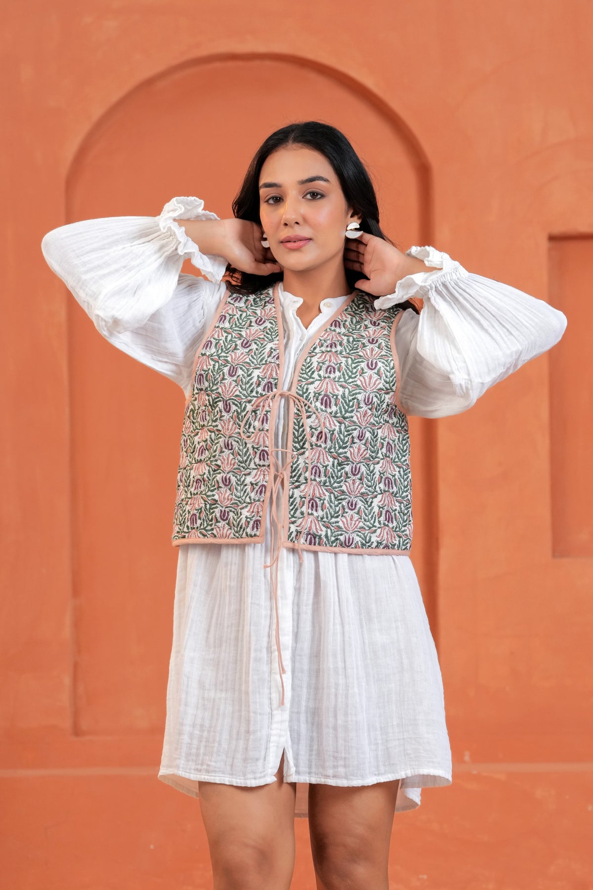 Green Floral Hand Block Print Tie-Front Cotton Waistcoat
