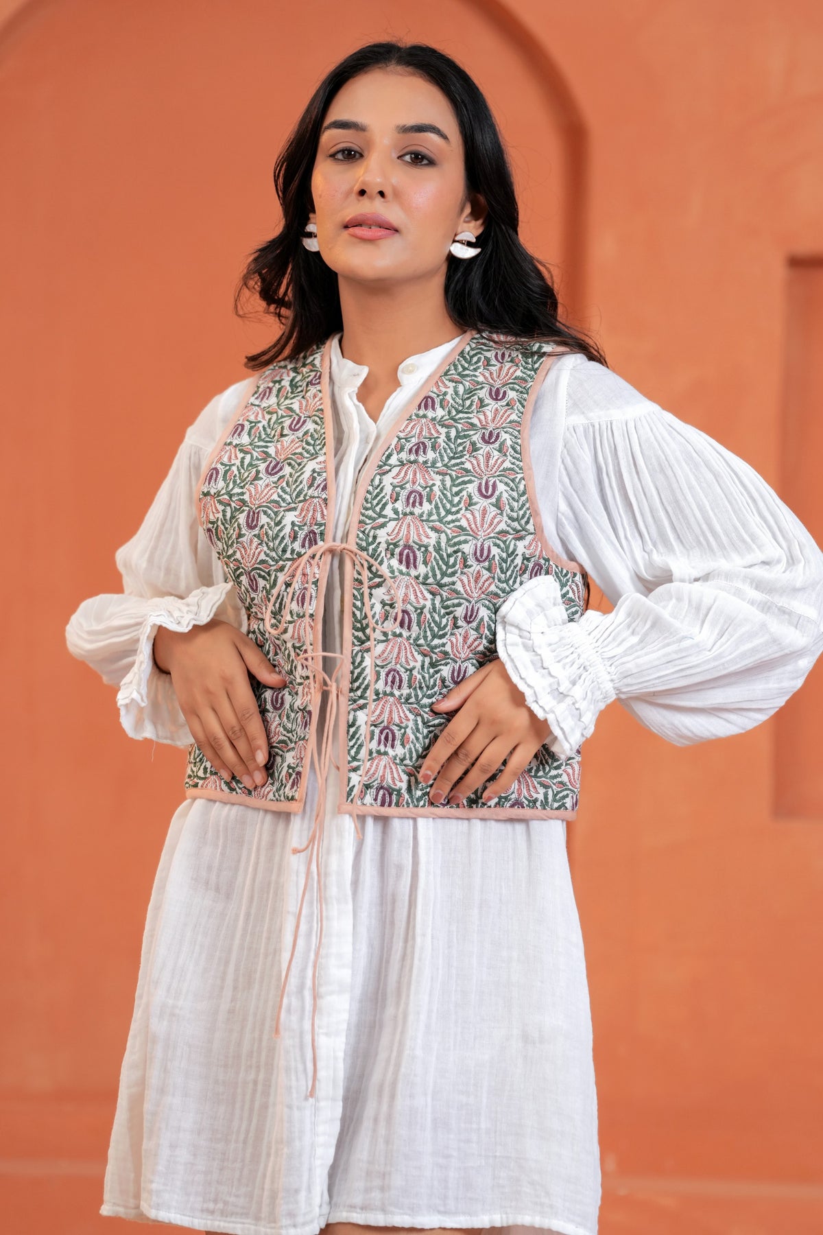 Green Floral Hand Block Print Tie-Front Cotton Waistcoat