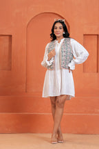 Green Floral Hand Block Print Tie-Front Cotton Waistcoat