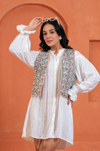 Green Floral Hand Block Print Tie-Front Cotton Waistcoat