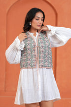 Green Floral Hand Block Print Tie-Front Cotton Waistcoat
