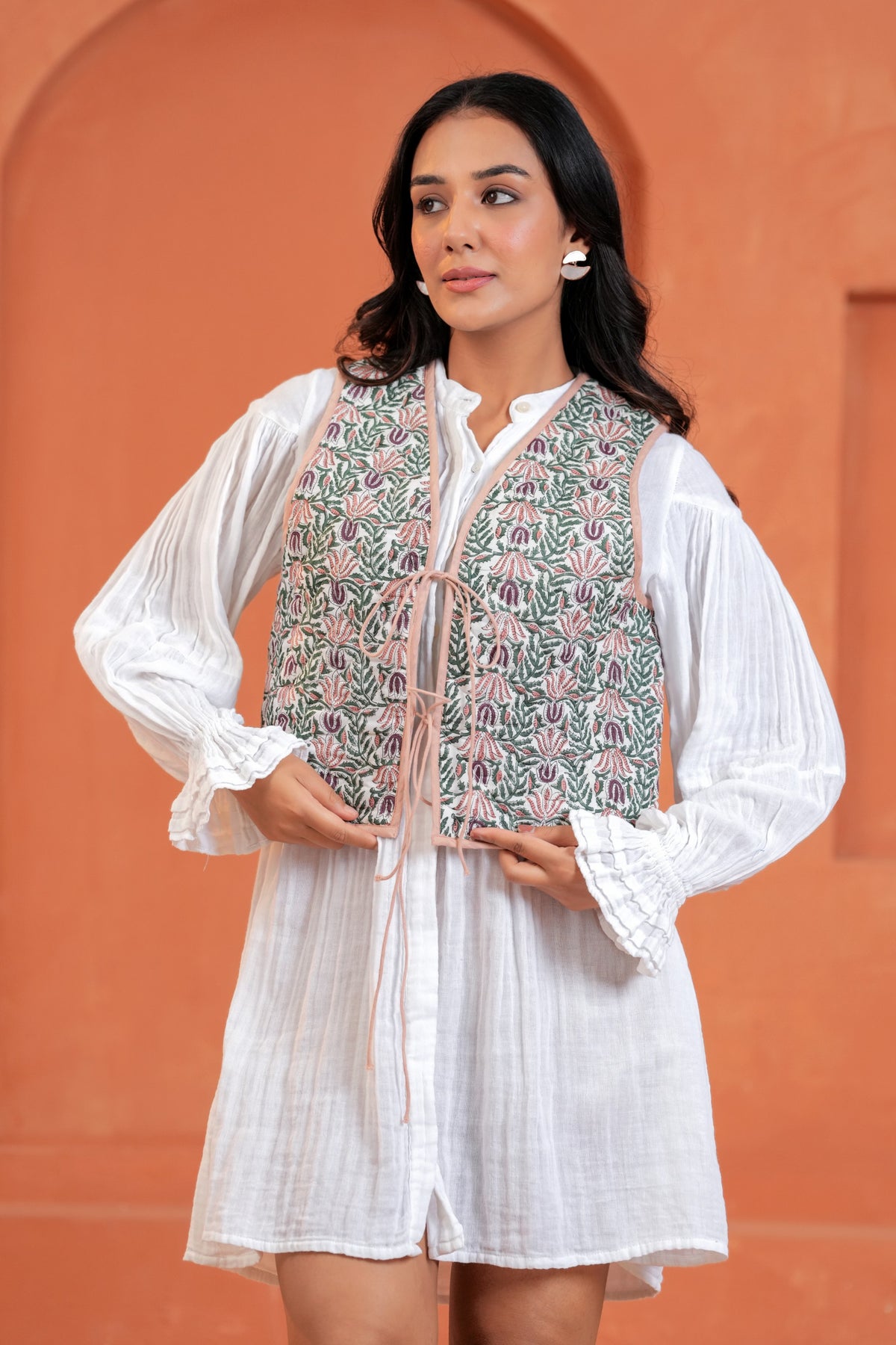 Green Floral Hand Block Print Tie-Front Cotton Waistcoat