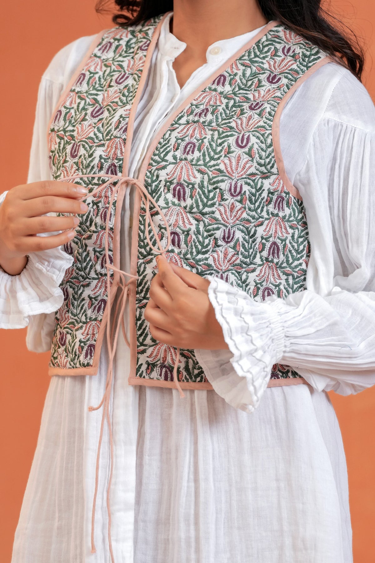 Green Floral Hand Block Print Tie-Front Cotton Waistcoat
