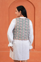Green Floral Hand Block Print Tie-Front Cotton Waistcoat