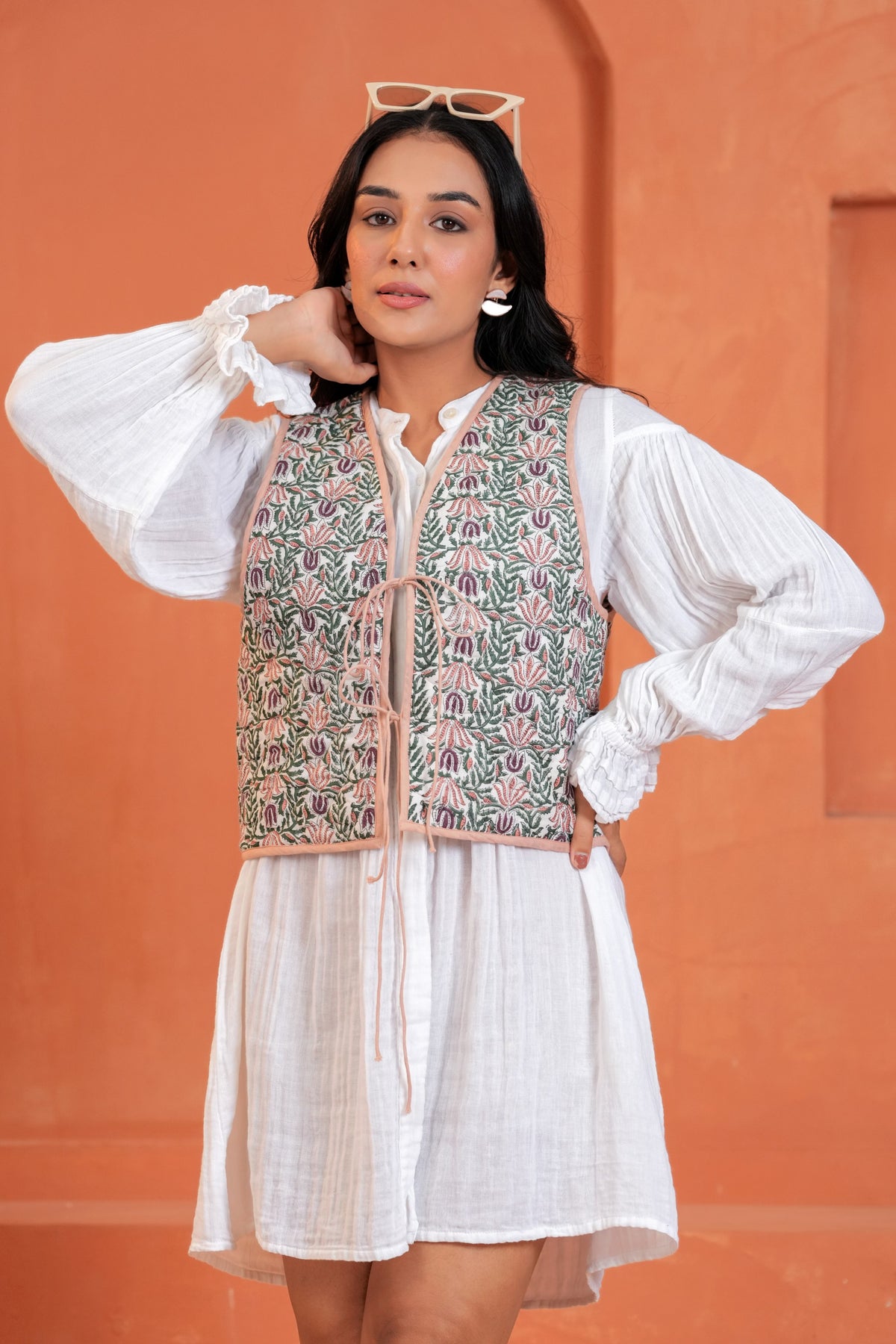 Green Floral Hand Block Print Tie-Front Cotton Waistcoat