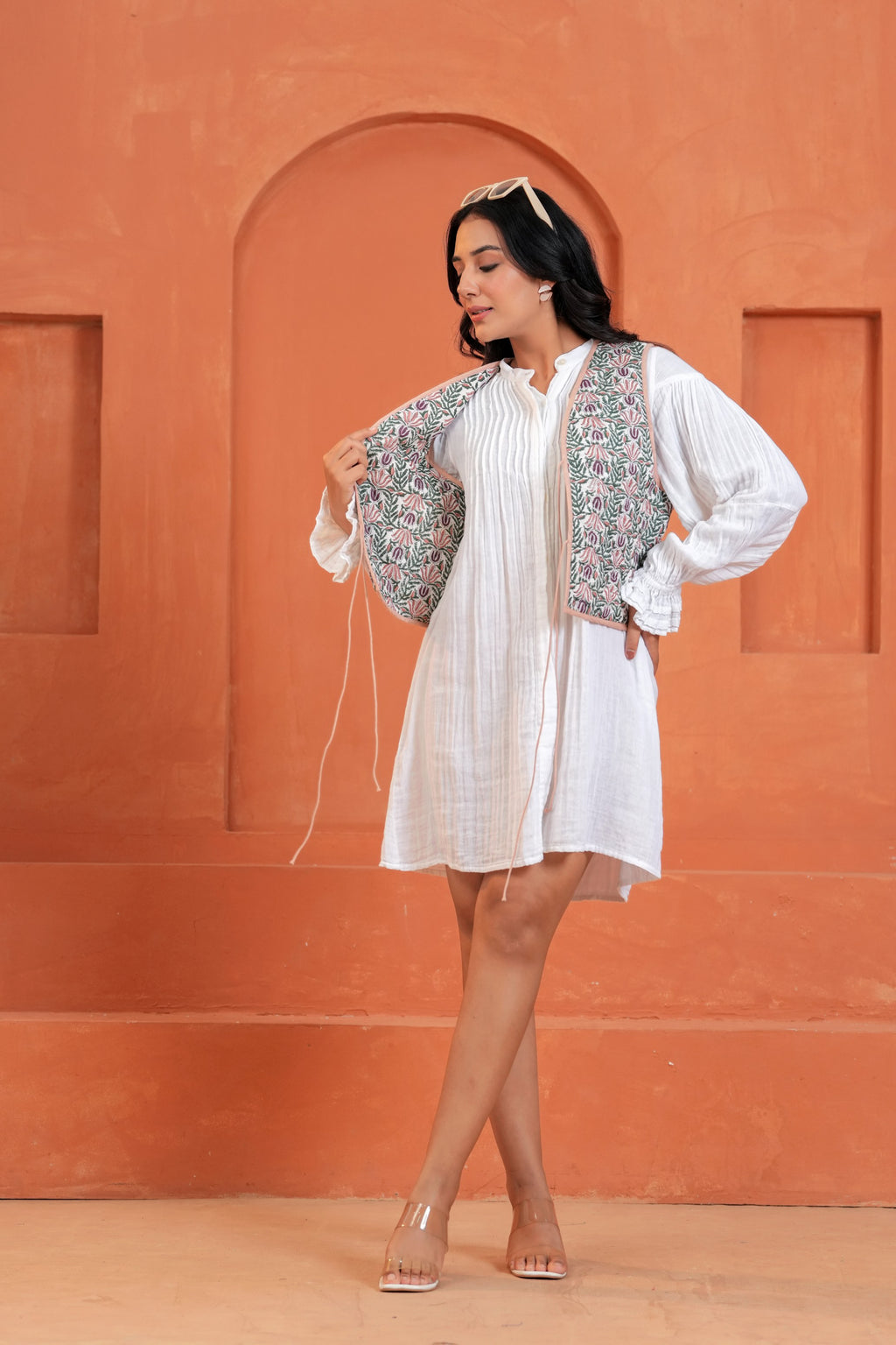 Green Floral Hand Block Print Tie-Front Cotton Waistcoat