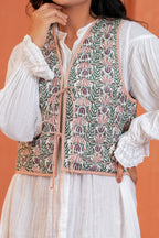 Green Floral Hand Block Print Tie-Front Cotton Waistcoat