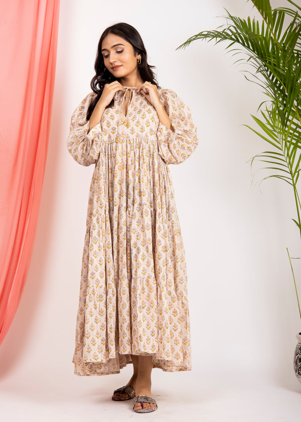 Hand Block Printed Rose Maxi ~Coral Peach