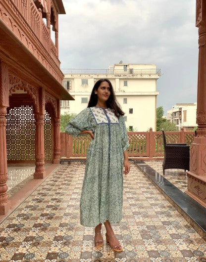 Hand Block Printed Hailey Midi Dress~ Aqua Green