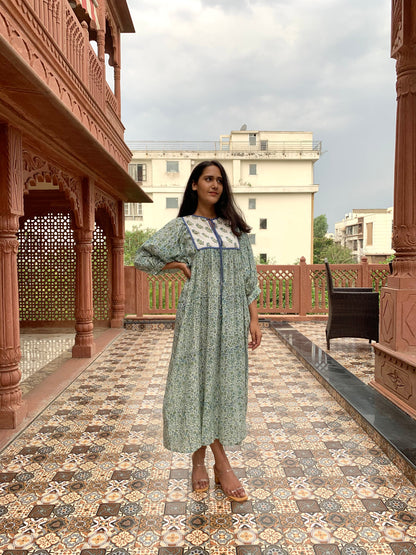 Hand Block Printed Hailey Midi Dress~ Aqua Green