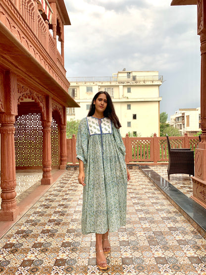 Hand Block Printed Hailey Midi Dress~ Aqua Green