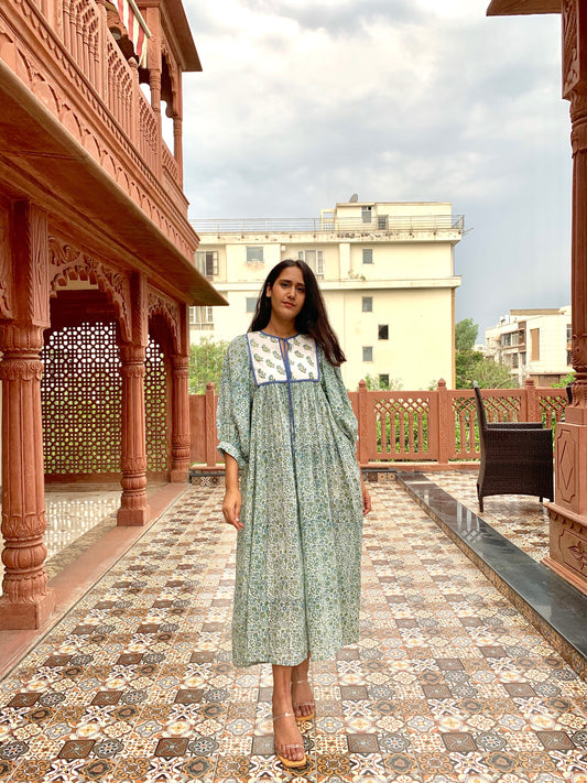 Hand Block Printed Hailey Midi Dress~ Aqua Green