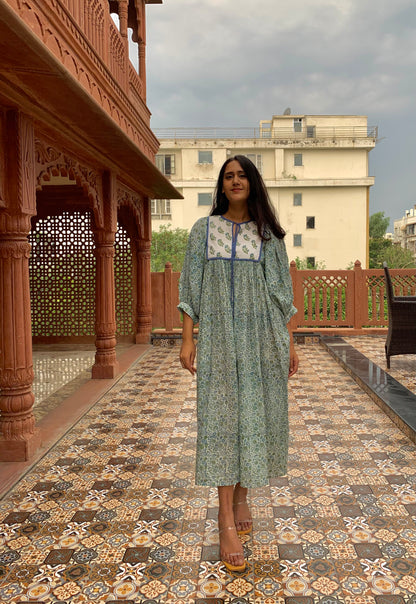 Hand Block Printed Hailey Midi Dress~ Aqua Green