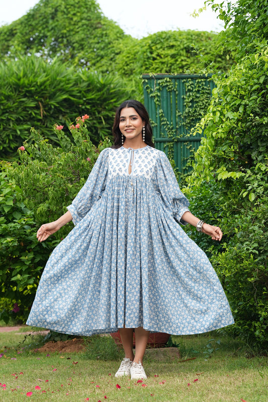 Hand Block Printed Hailey Midi Dress~ Blue