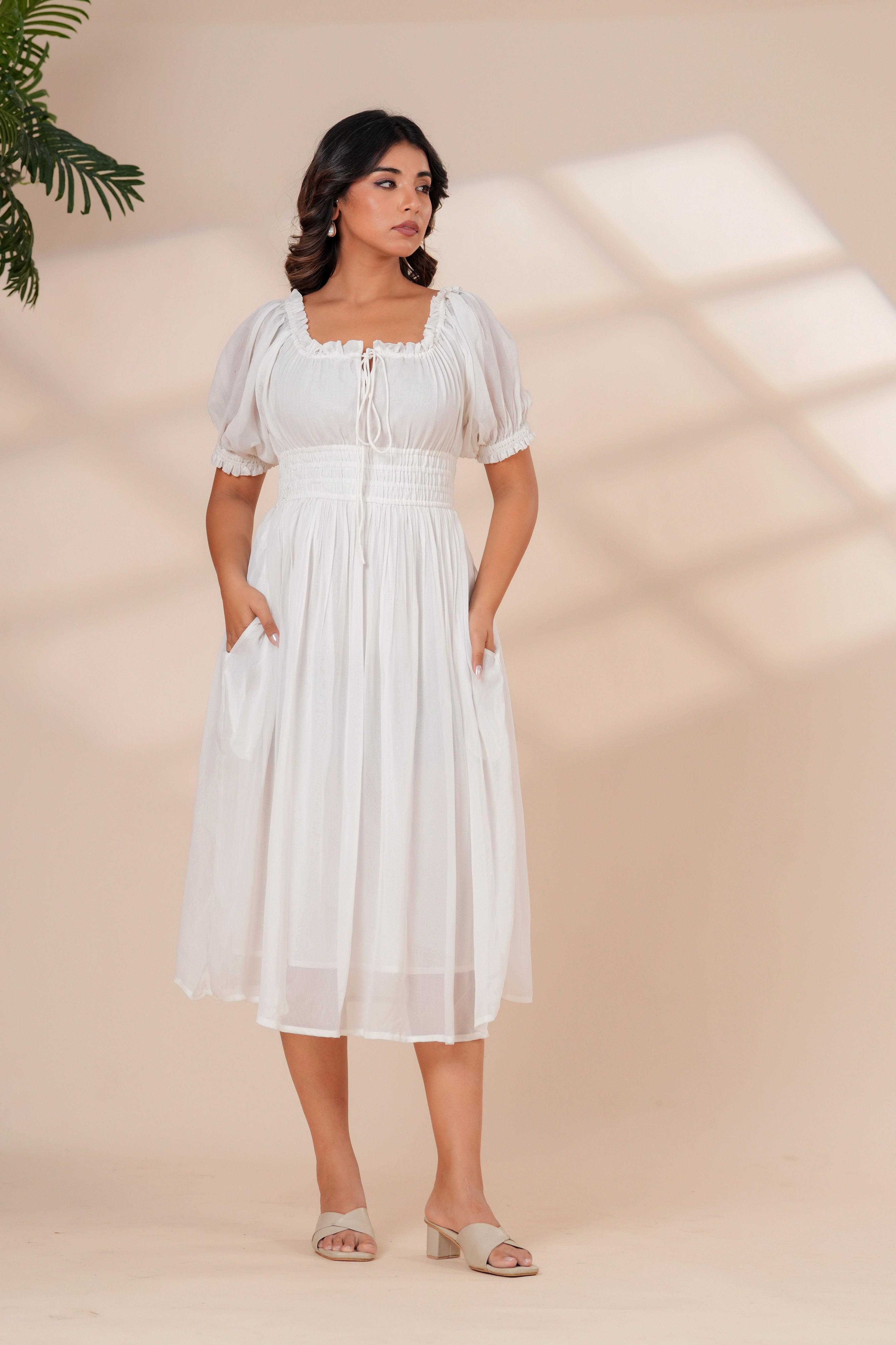White Cotton Smocked Midi Dress with Puff Sleeves & Pockets