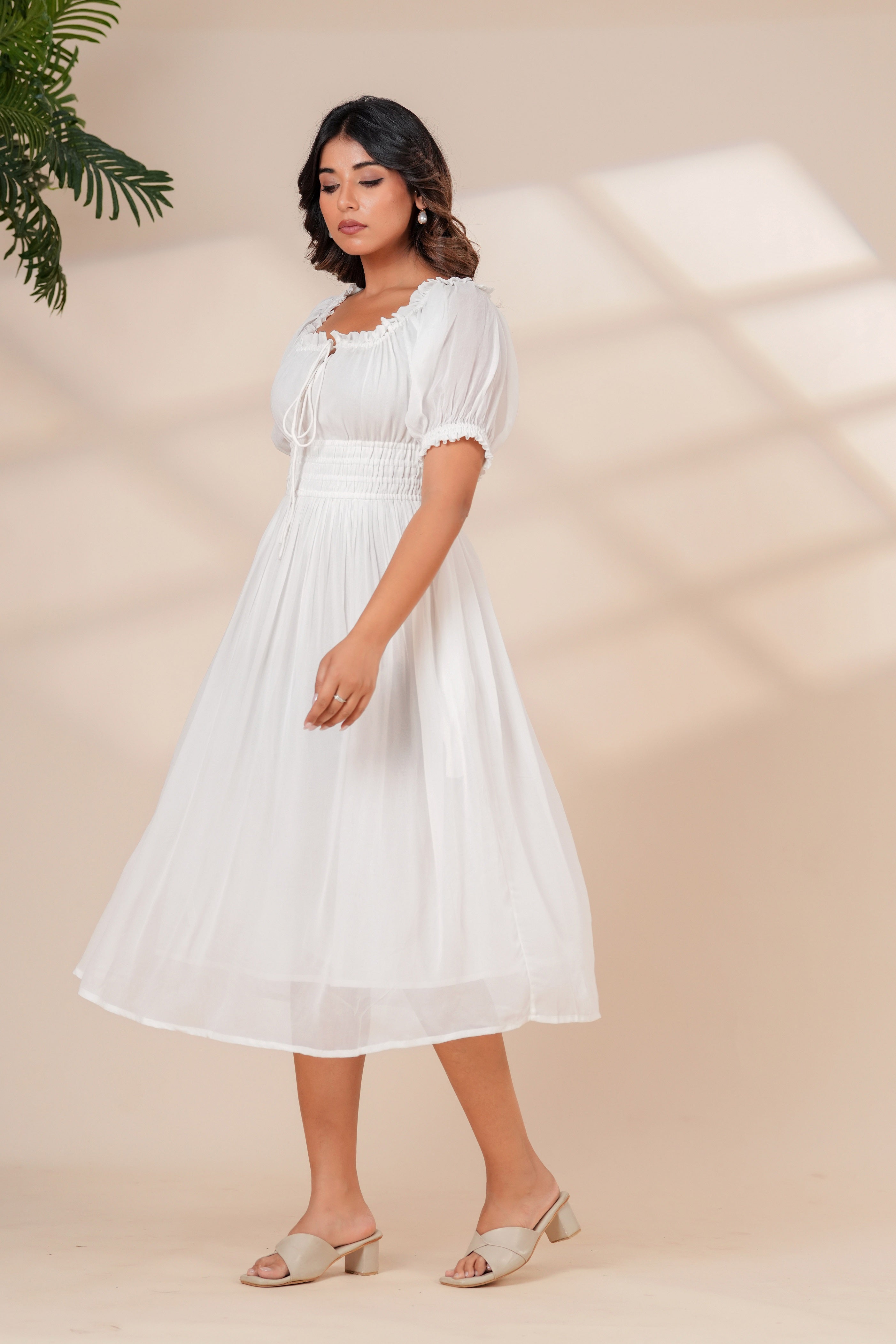 White Cotton Smocked Midi Dress with Puff Sleeves & Pockets