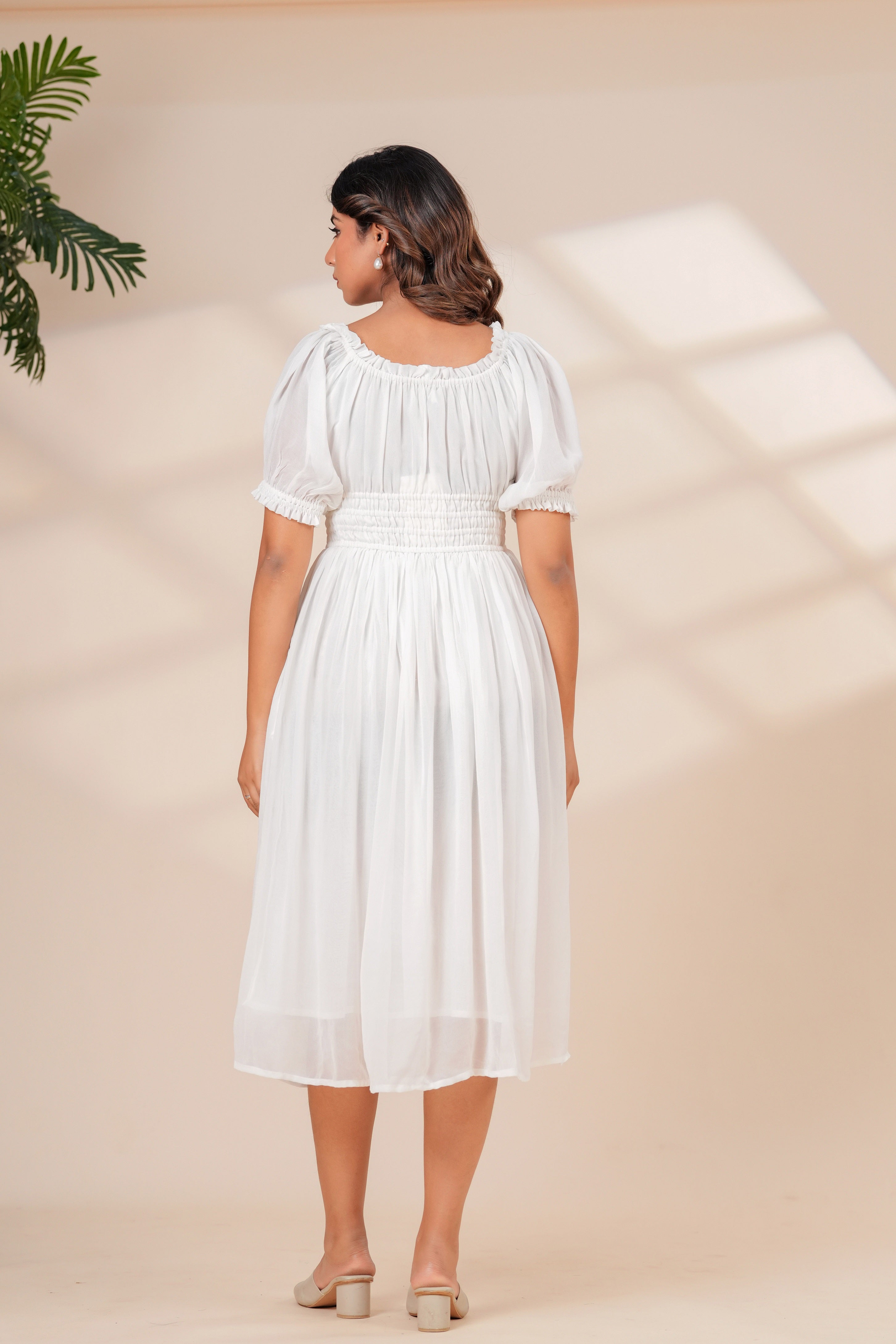 White Cotton Smocked Midi Dress with Puff Sleeves & Pockets