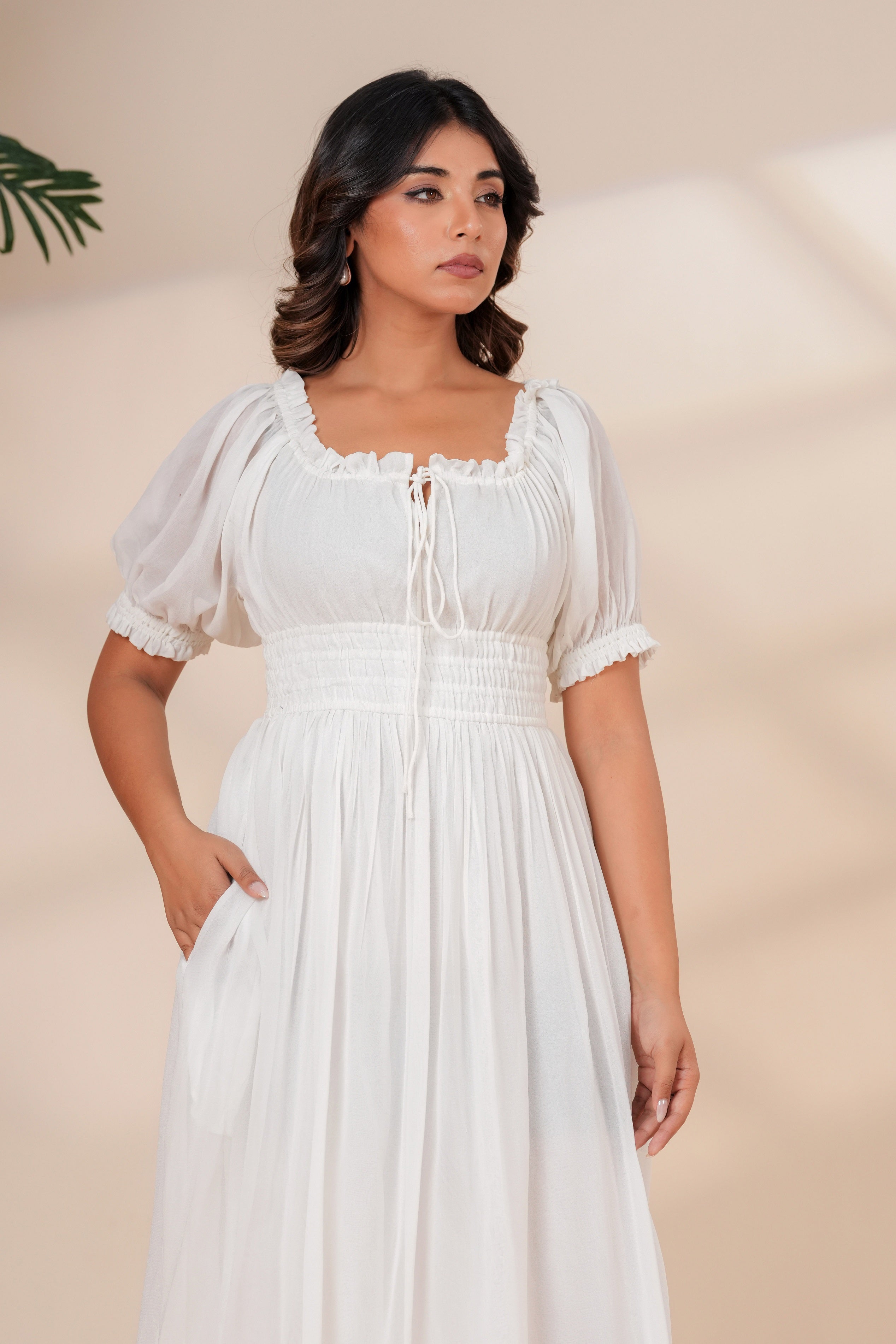 White Cotton Smocked Midi Dress with Puff Sleeves & Pockets