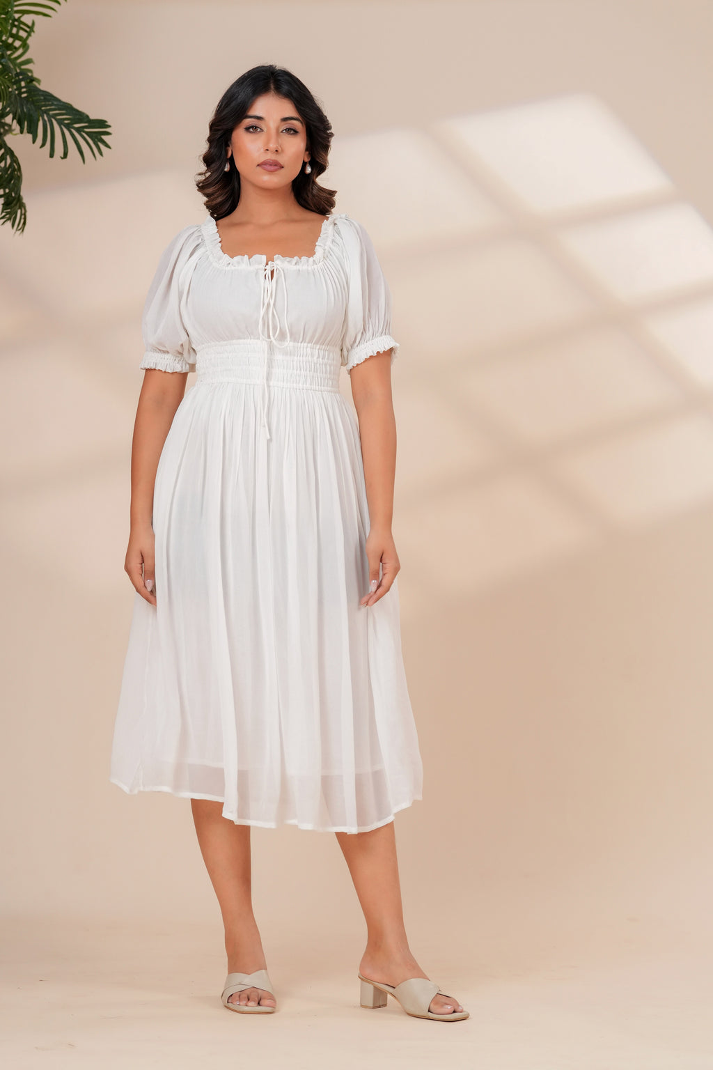 White Cotton Smocked Midi Dress with Puff Sleeves & Pockets