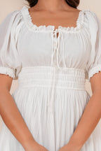 White Cotton Smocked Midi Dress with Puff Sleeves & Pockets