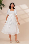 White Cotton Smocked Midi Dress with Puff Sleeves & Pockets